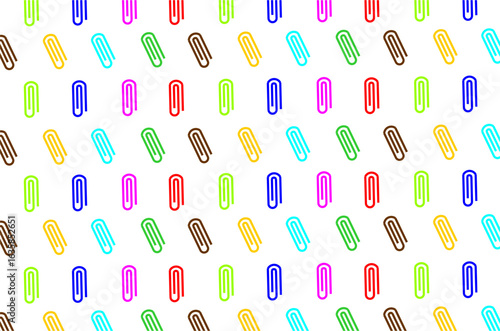 Seamless pattern of paper clip background. Colorful paper clips icon. Paper clip icon illustration. Photocopy attribute icon. Student supply tool for hard copy file.
