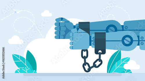 Robot hands in handcuffs shackles with chain. Ai Robot in handcuffs. The robot's hands are shackled with a closed lock. Crimes of artificial intelligence. Ethical use of AI. Vector illustration.
