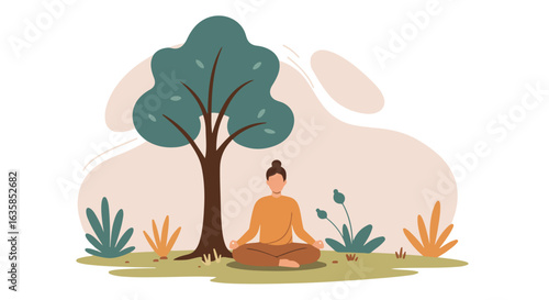 Person meditating under a tree in a park; grass and plants in the background