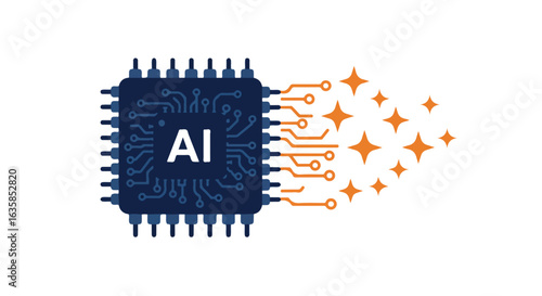 AI processor chip generating stars, on white background for technology concept