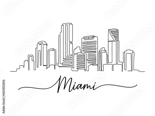 Miami City Skyline: A minimalist line art depiction of Miami's iconic cityscape, rendered with elegant simplicity, capturing the city's architectural essence.