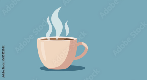 Steaming beverage in mug on blue background. Simple graphic illustration