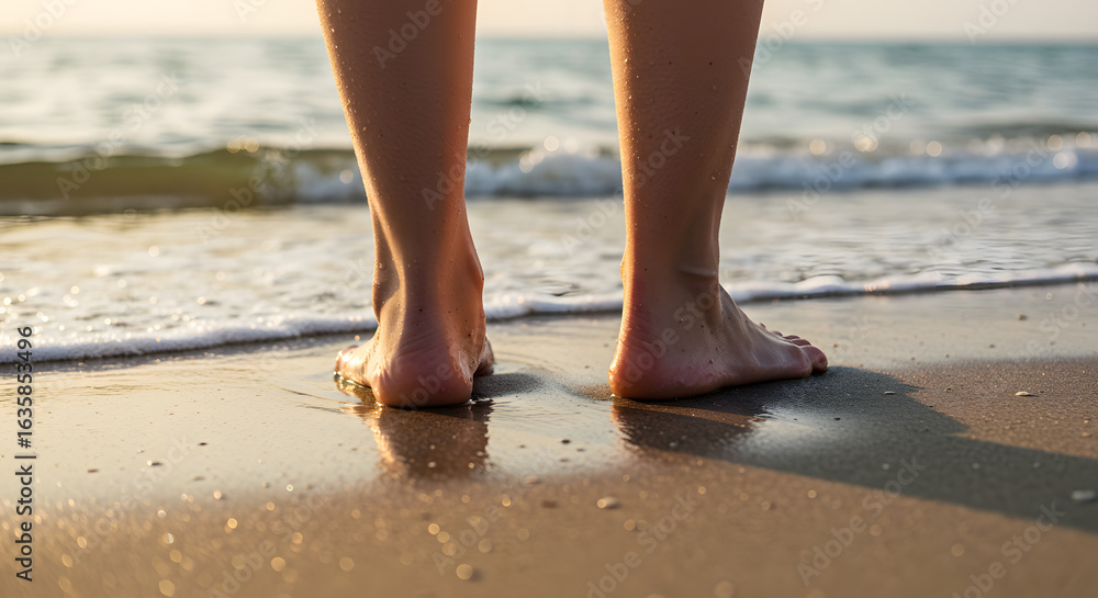 The image displays a person's bare feet standing on a sandy beach. Gentle waves lap the shore, creating a tranquil atmosphere. Golden sunlight illuminates the scene. The image displays a person's bare feet standing on a sandy beach. Gentle waves lap the shore, creating a tranquil atmosphere. Golden sunlight illuminates the scene.