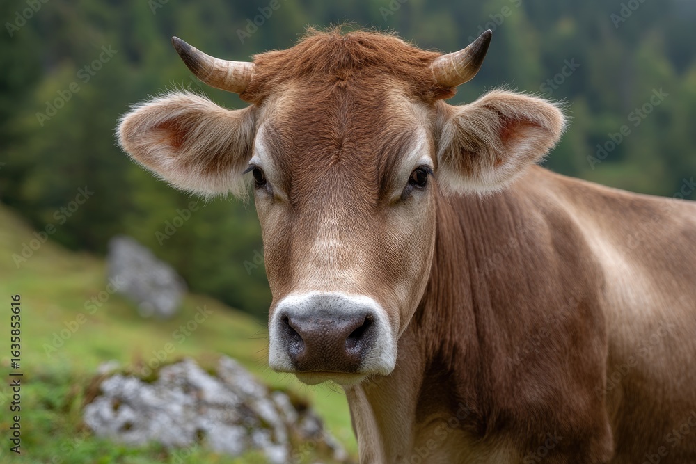 Brown cow portrait a closeup capturing its face horns ears against a blurred green background Brown cow portrait a closeup capturing its face horns ears against a blurred green background