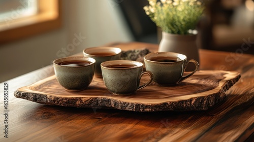 Four teacups, a natural wood tray, and a gentle light fill the image