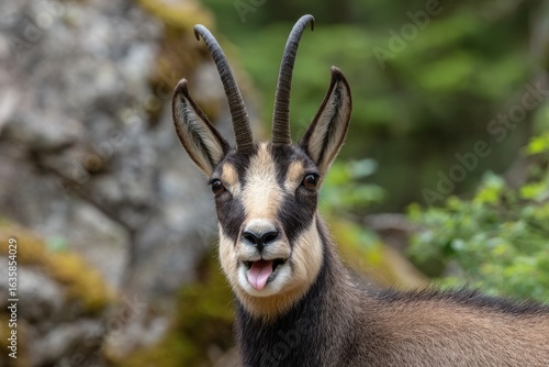Chamois headshot tongue out with horns against rock  foliage