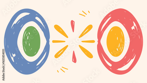 Abstract eyes facing each other with a burst of light in the middle in a cartoonish style