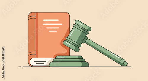 Gavel lies near law book, suggesting jurisprudence. Legal concept with beige ground