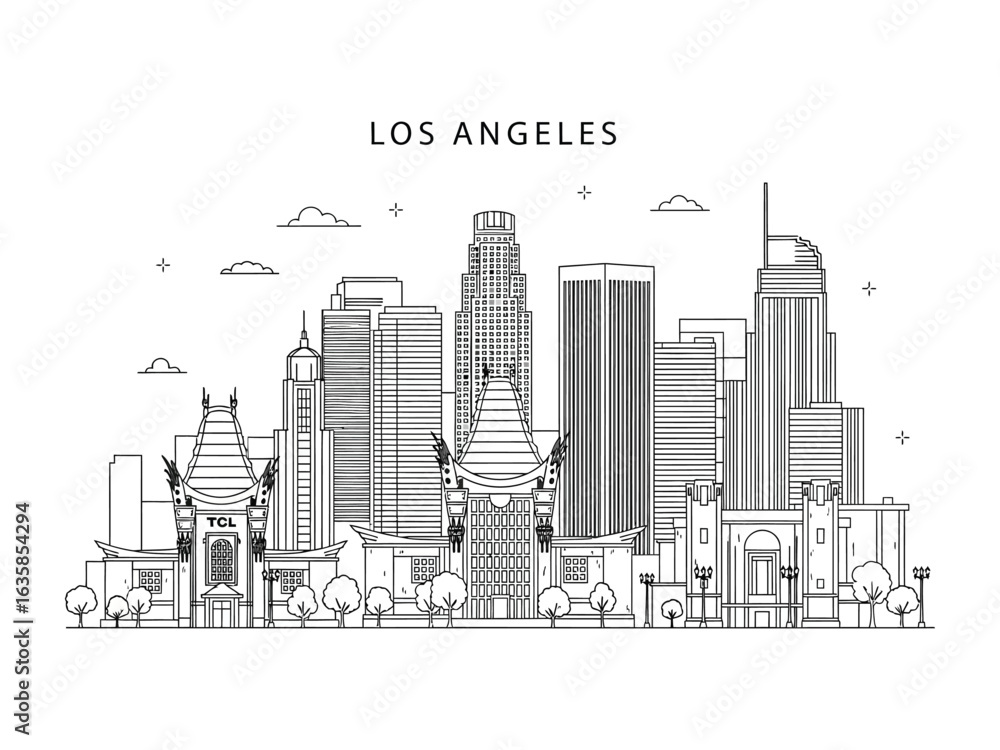 Fototapeta premium Los Angeles Skyline : A sleek, architectural illustration of the iconic Los Angeles skyline, presenting a clean and modern aesthetic with key landmarks.