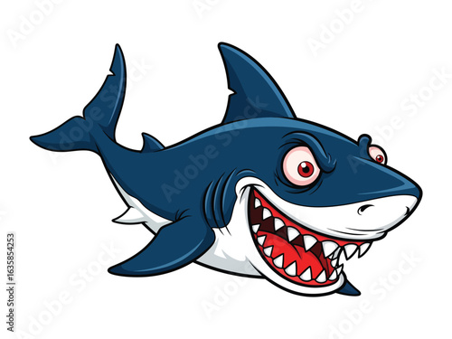 Ocean's Apex: A cartoon shark with an evil grin shows its sharp teeth.