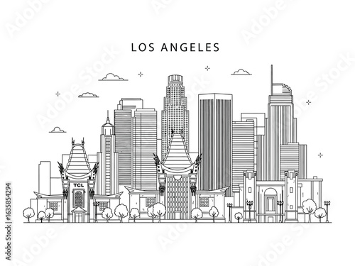 Los Angeles Skyline : A sleek, architectural illustration of the iconic Los Angeles skyline, presenting a clean and modern aesthetic with key landmarks.