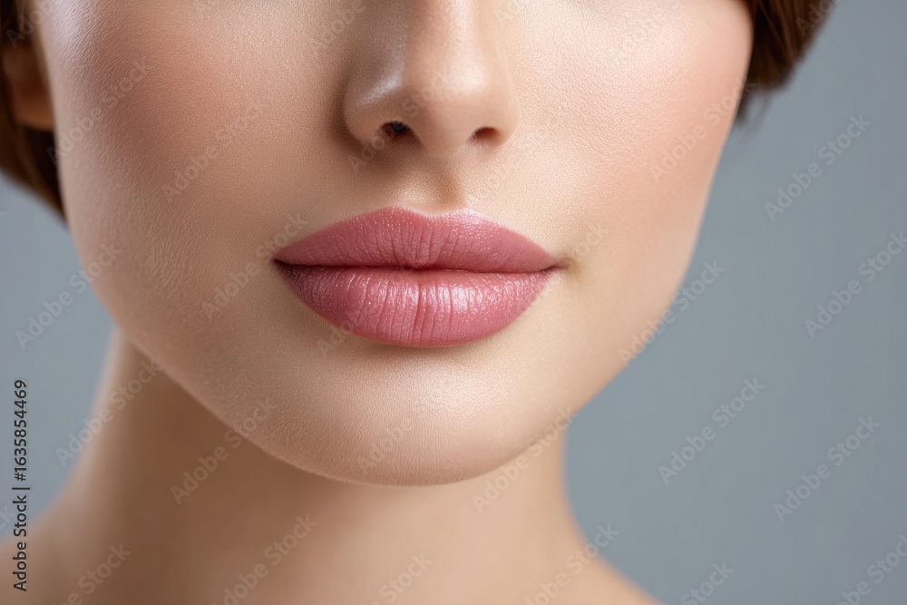 Obraz premium Closeup of a womans face shows pink lips nose and smooth skin against a neutral gray backdrop