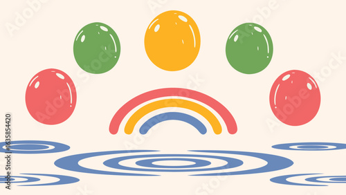 Illustration of dango with rainbow and water ripples in a flat design aesthetic style scene