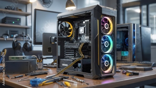 Open computer case, tools, workstation