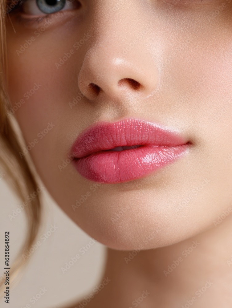 Fototapeta premium Cropped portrait of fairskinned woman with pink lips showing her nose lips and part of her eye