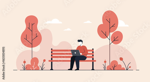 Man works on laptop on bench in park with trees and clouds; depicts outdoor work setup