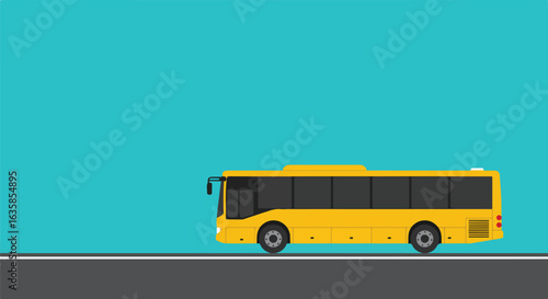 Yellow Bus Rides on City Road.  Illustration with Blue Sky for Advertisement