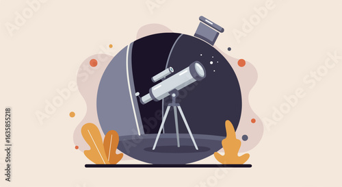 Telescope inside observatory views universe, could illustrate astronomy or exploration