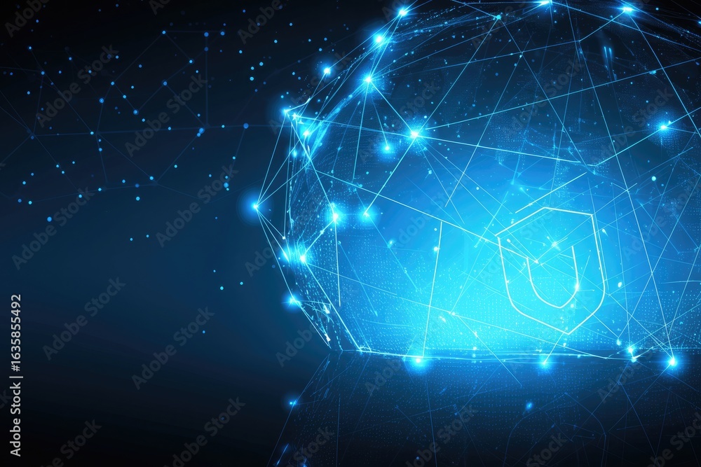 Fototapeta premium Blue glowing digital background with octagon outline and shield symbolizing data security and cyber protection