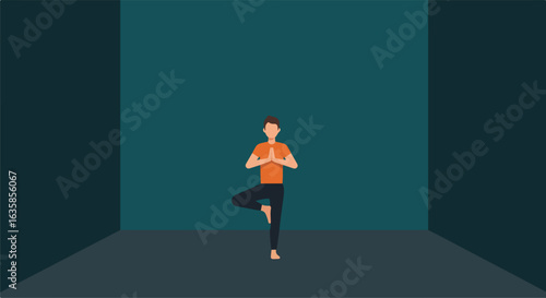 Man balances, tree pose, yoga class, studio background, fitness tutorial, mindfulness