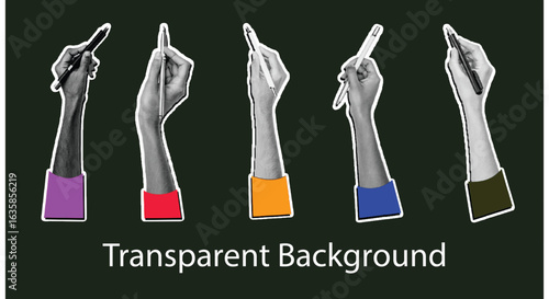 set of Hands holding pen in different positions. Trendy education concept halftone photo collage cutouts set. isolated on transparent background