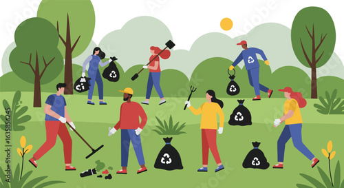Volunteers pick up trash in park with trees, bags. Environmental cleanup drive