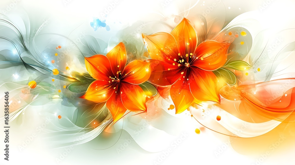 Obraz premium Vibrant abstract floral design: two prominent orange and yellow flowers against a background transitioning from cool blue-green to warm orange-yellow, with swirls, translucent lines, abstract shapes, 