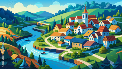 
very beautiful 
Aerial view. Small european village. Blue winding river.