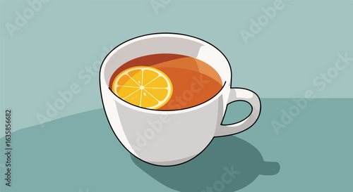 Graphic of hot tea with lemon slice in white cup; on table; for health, drink concept