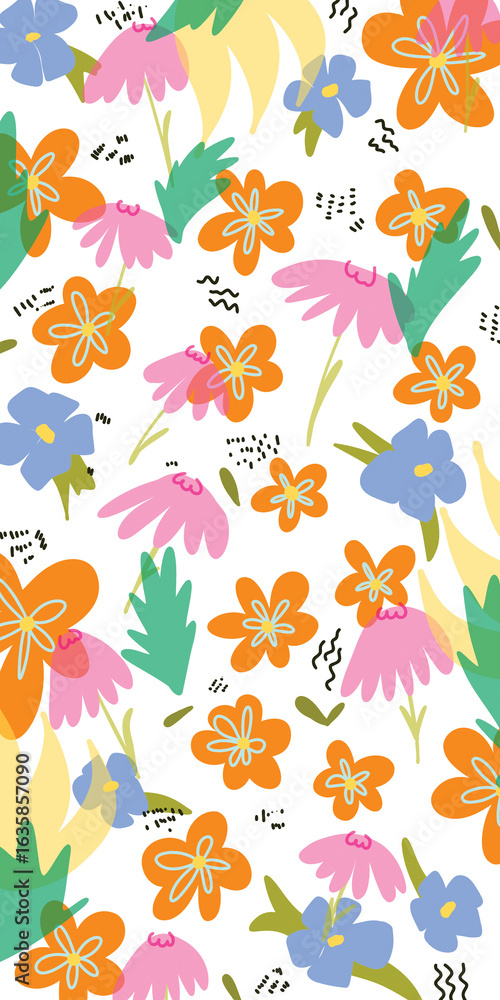 Fototapeta premium Illustration of a seamless background of various plants and flowers, transparent background 