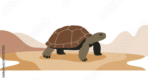 Tortoise walking slowly on sand, minimalist desert hills background; Use for kids content