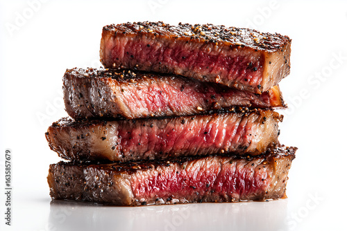 Stack of steak with different cooked time, Selective focus steak cut with medium, rare and cooked on white background.