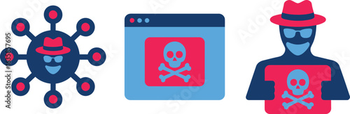 Hacker icons skull and crossbones computer virus cyber security