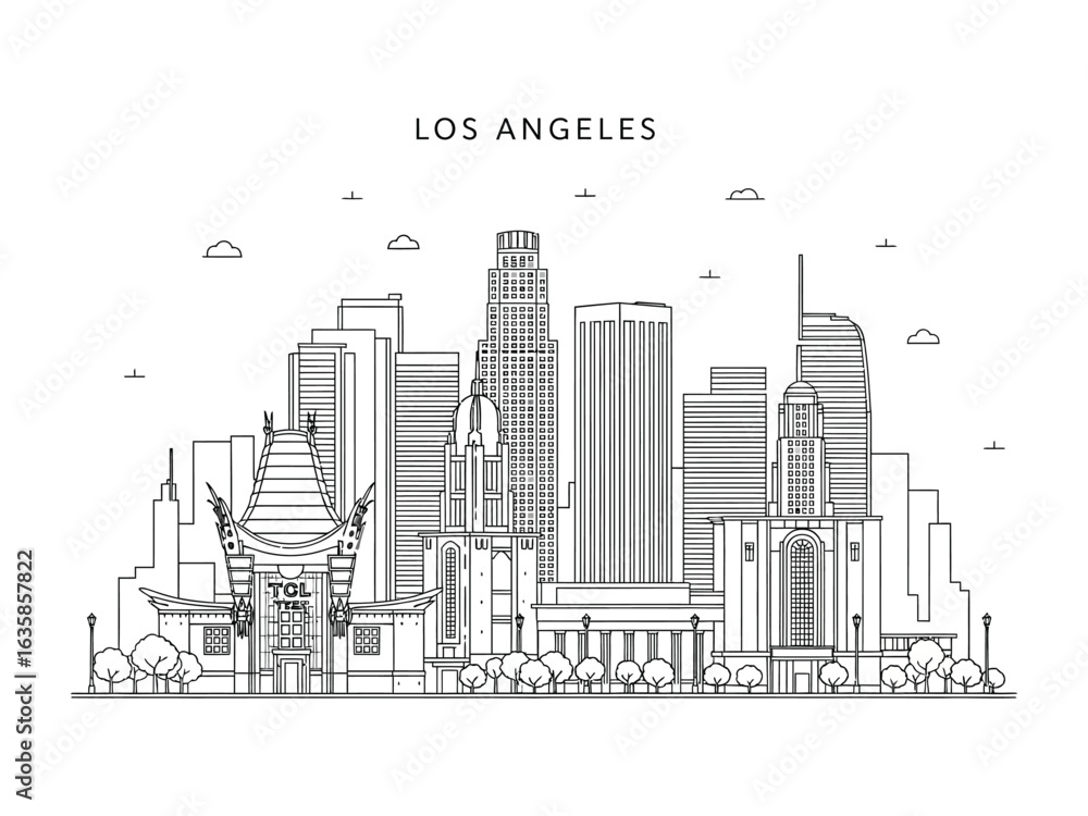 Fototapeta premium Los Angeles Skyline in Monochrome: A captivating monochrome line art illustration showcases the iconic skyline of Los Angeles, California.