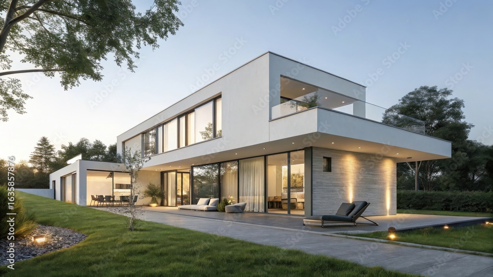Obraz premium Modern villa with minimalist architecture and luxury exterior design near sea