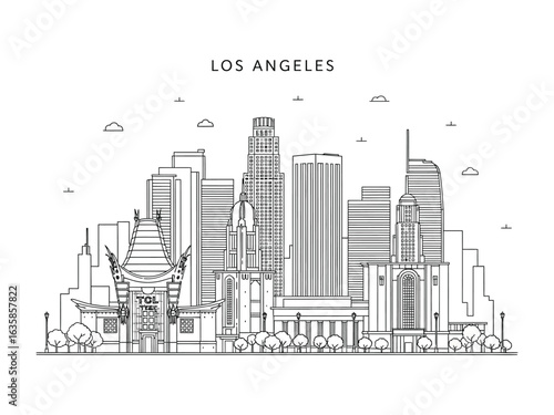 Los Angeles Skyline in Monochrome: A captivating monochrome line art illustration showcases the iconic skyline of Los Angeles, California.