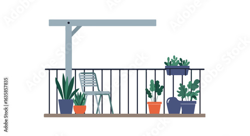 Plants surround empty chair on flat balcony, use for relaxing or growing garden