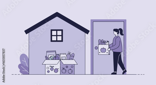 Woman delivering groceries, box on porch, near house. For marketing, safe delivery