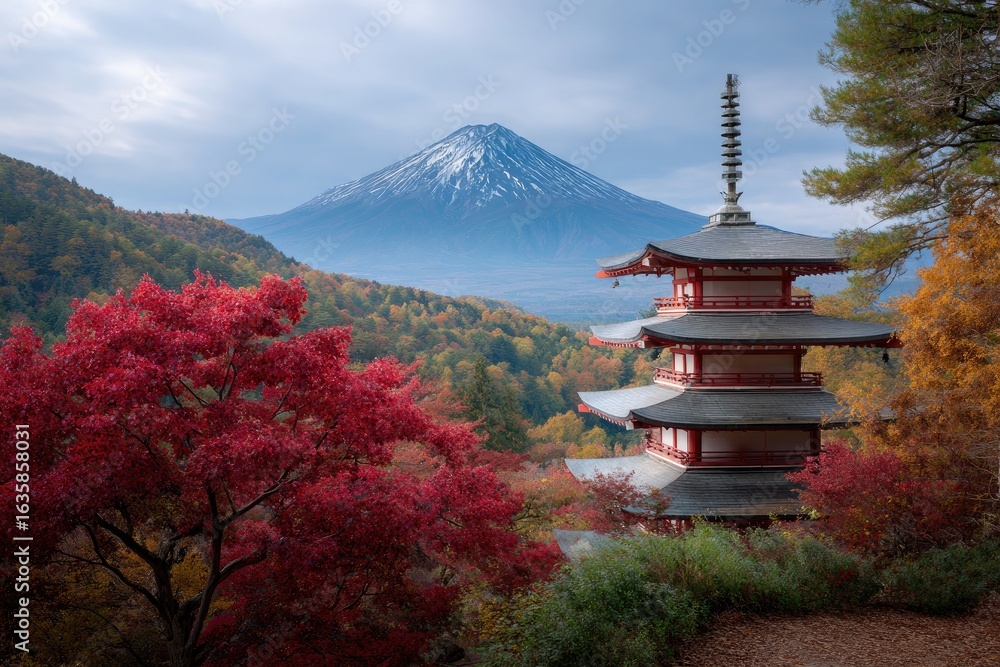 Obraz premium Pagoda framed by autumn foliage Mount Fuji in background clear sky