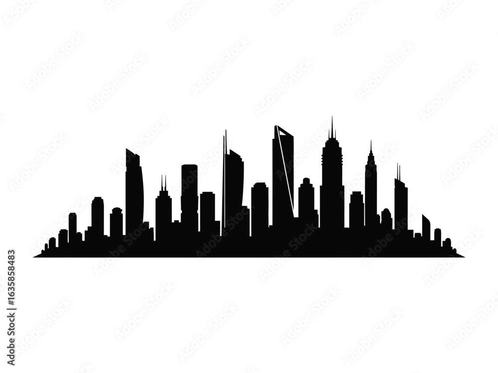 Fototapeta premium Urban Silhouette: A striking cityscape, depicted in stark black and white, showcases the architectural beauty and dynamic energy of the city, capturing the essence of an urban landscape.