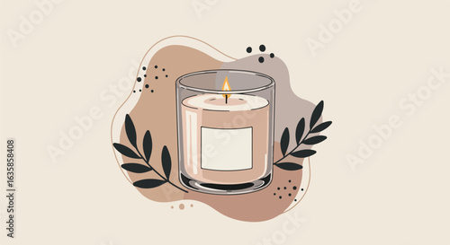 Lit candle on table with plants and minimalist abstract background, for home decor