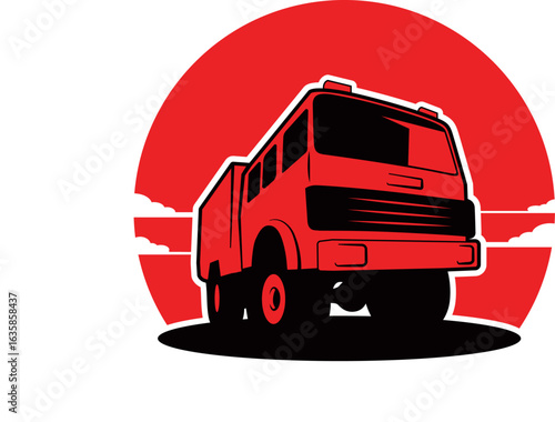 Roter Lastwagen vor Sonnenuntergang – Vektorillustration im Retro-Stil