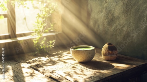 Sunlight streams into a rustic room, illuminating a bowl of matcha tea