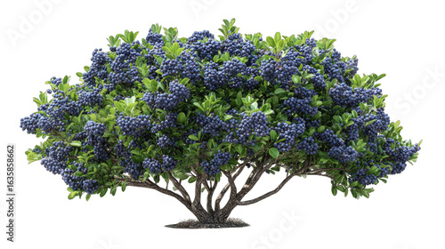 Dense, bushy shrub with clusters of dark purple berries.  Full, rounded shape.  Green foliage