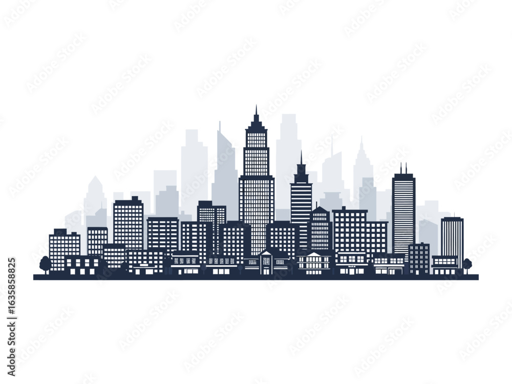 Naklejka premium Urban Silhouette: A modern city skyline emerges against a clear backdrop, featuring detailed skyscraper designs and buildings. The monochrome aesthetic lends a sleek, contemporary feel.