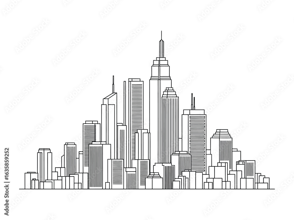 Fototapeta premium Cityscape of the Modern Age: A captivating artistic line drawing showcases an impressive urban landscape, filled with a variety of skyscrapers, exuding an aura of urban sophistication and grandeur.