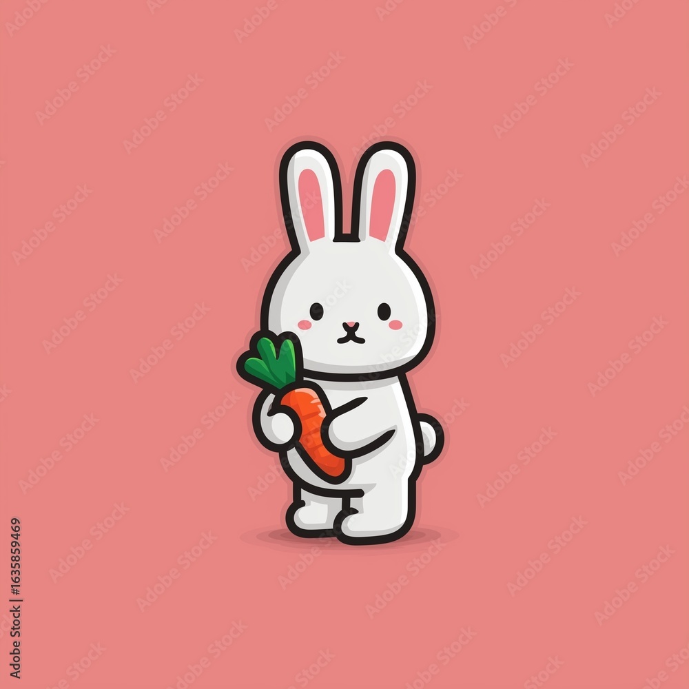 Fototapeta premium Cute cartoon rabbit holding a carrot in a simple flat vector style with pink and light purple background, kawaii design with bold shapes,white border, and vibrant playful character illustration