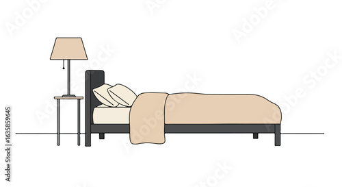 Bedroom Bed with lamp on a bedside table, plain background. Used for advertising