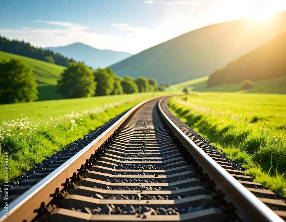 Fototapeta premium Railroad track through lush green landscape