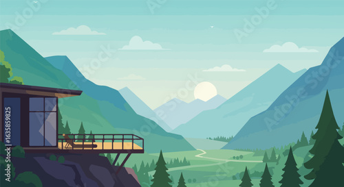 Relaxing scene Person chills in mountain cabin with valley and rising sun behind